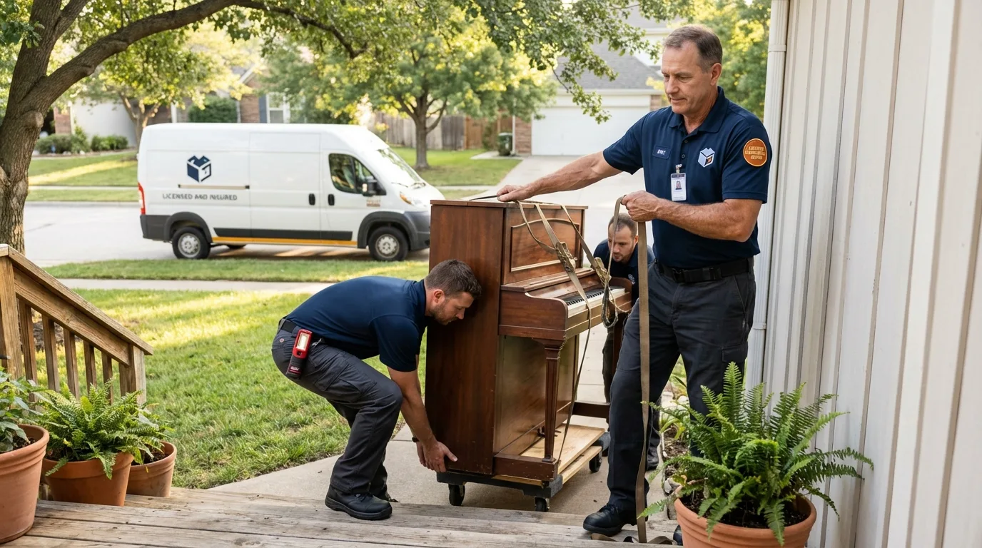 Licensed piano movers securing grand piano in Memphis, MO